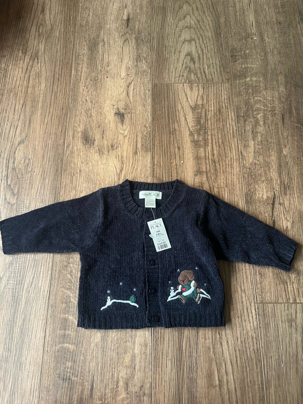Winter Navy Baby Cardigan with Embroidered Ice Skating Bunny
